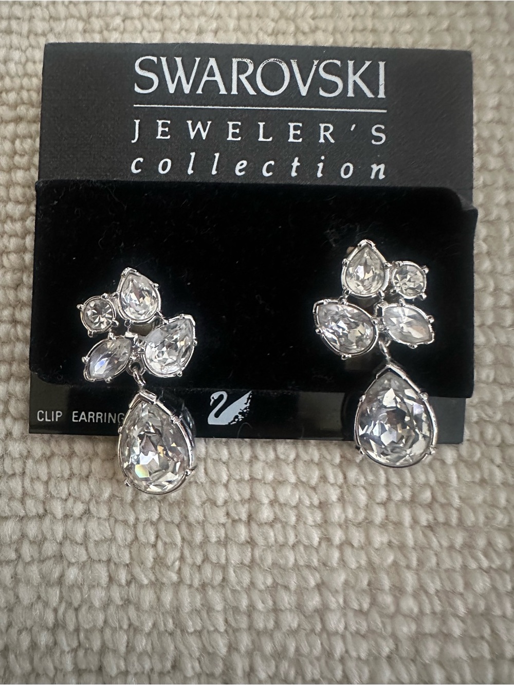 NWT Swarovski Silver Clear Crystal Teardrop Clip Earrings